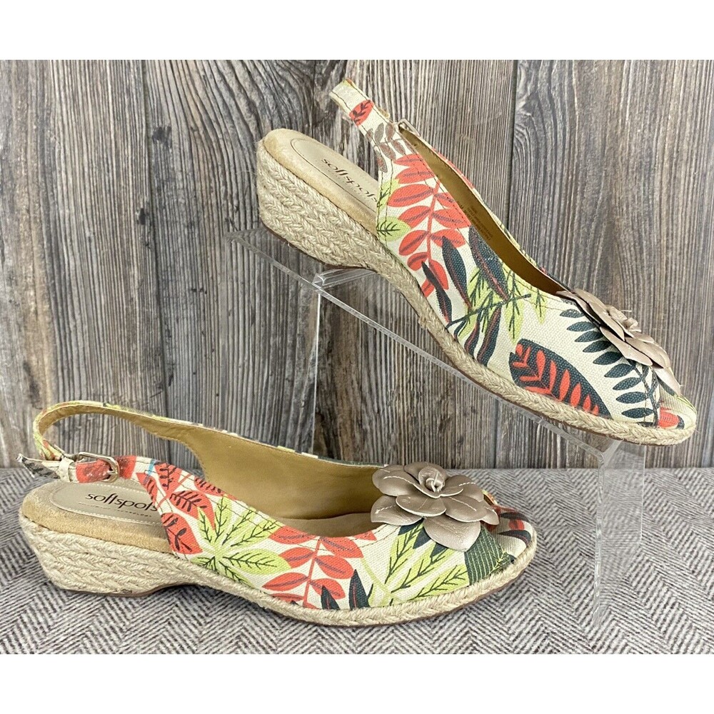 Softspots Pillowtop Technology Sandals 9.5 Beige/Leaf‎ Print Open Toe Sling Back